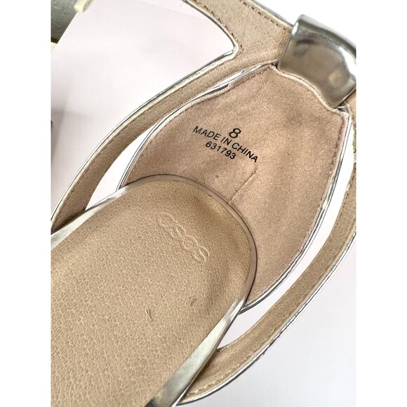 ASOS Size 8 Silver Shiny 3 Inch Ankle Strap Heels Open Toe - Picture 6 of 16